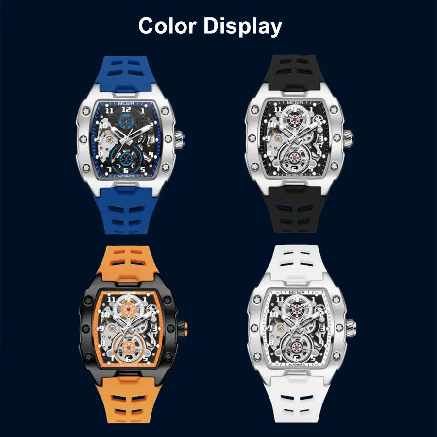 Megir 8602 Men Fashion Mechanical Movement Watches Skeleton Tonneau Case Wristwatch Waterproof Automatic Watch Montres De Luxe