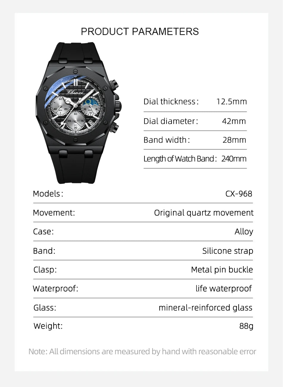 CHENXI Watch for Men 968 Classic Silicone Quartz Watches Moon Phase Chronograph Wristwatches Bracelet Relojes Hombre Montres
