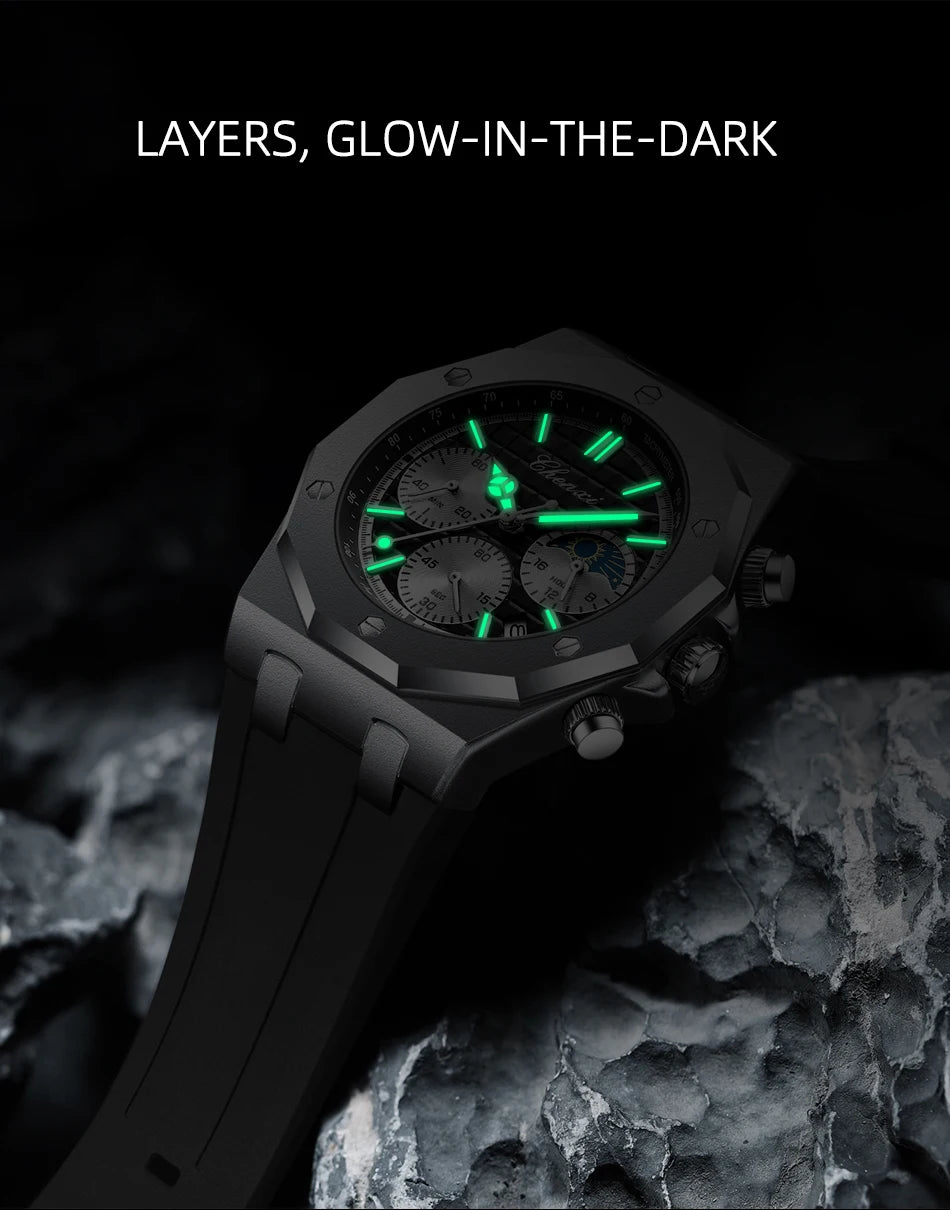 CHENXI Watch for Men 968 Classic Silicone Quartz Watches Moon Phase Chronograph Wristwatches Bracelet Relojes Hombre Montres