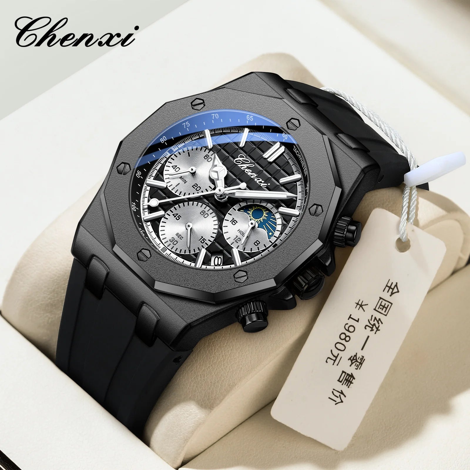CHENXI Watch for Men 968 Classic Silicone Quartz Watches Moon Phase Chronograph Wristwatches Bracelet Relojes Hombre Montres