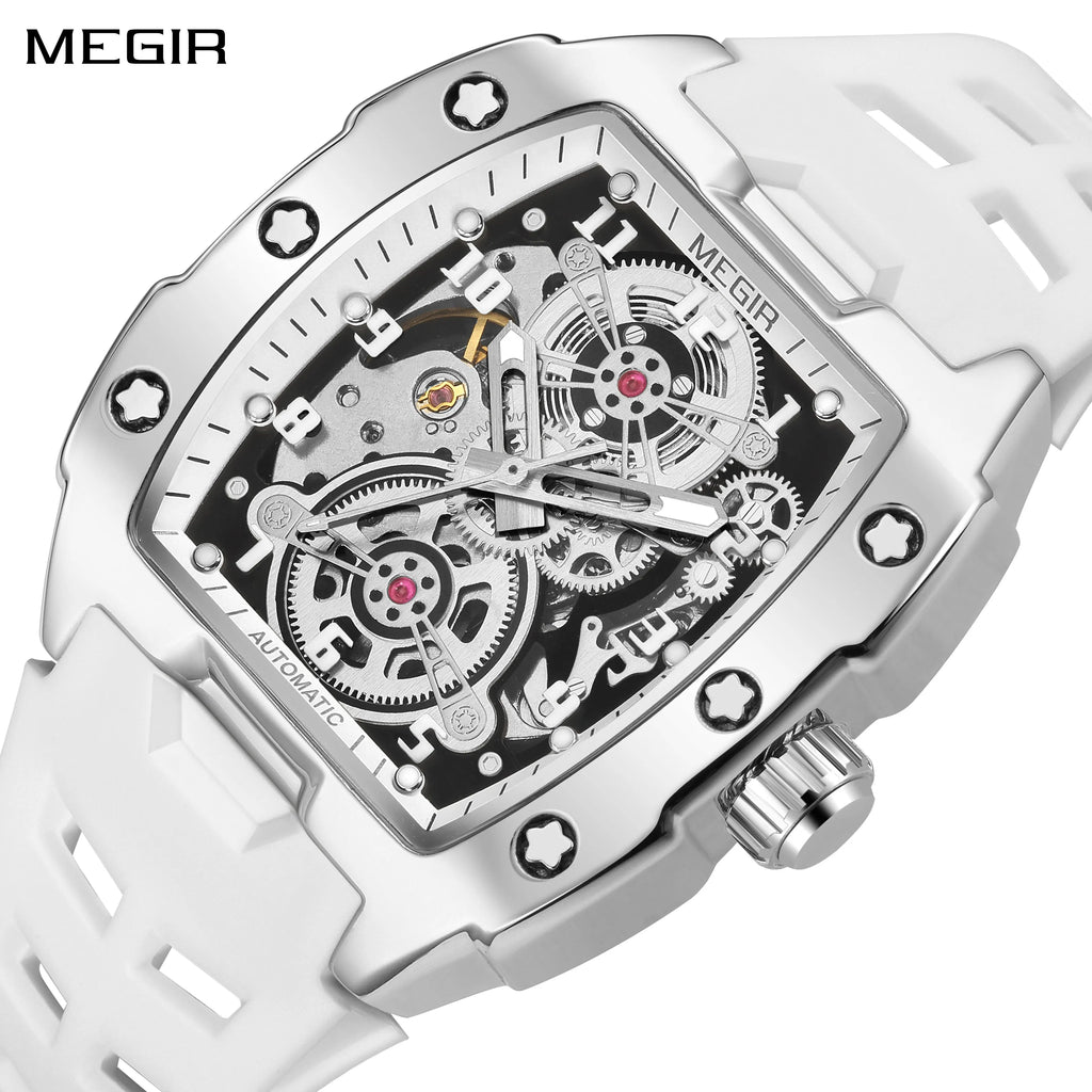 Megir 8602 Men Fashion Mechanical Movement Watches Skeleton Tonneau Case Wristwatch Waterproof Automatic Watch Montres De Luxe