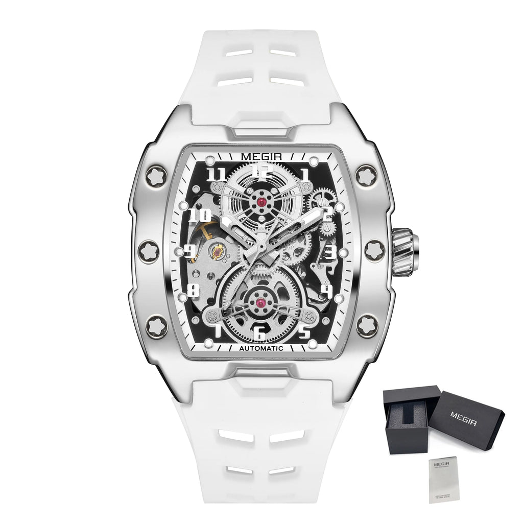 Megir 8602 Men Fashion Mechanical Movement Watches Skeleton Tonneau Case Wristwatch Waterproof Automatic Watch Montres De Luxe