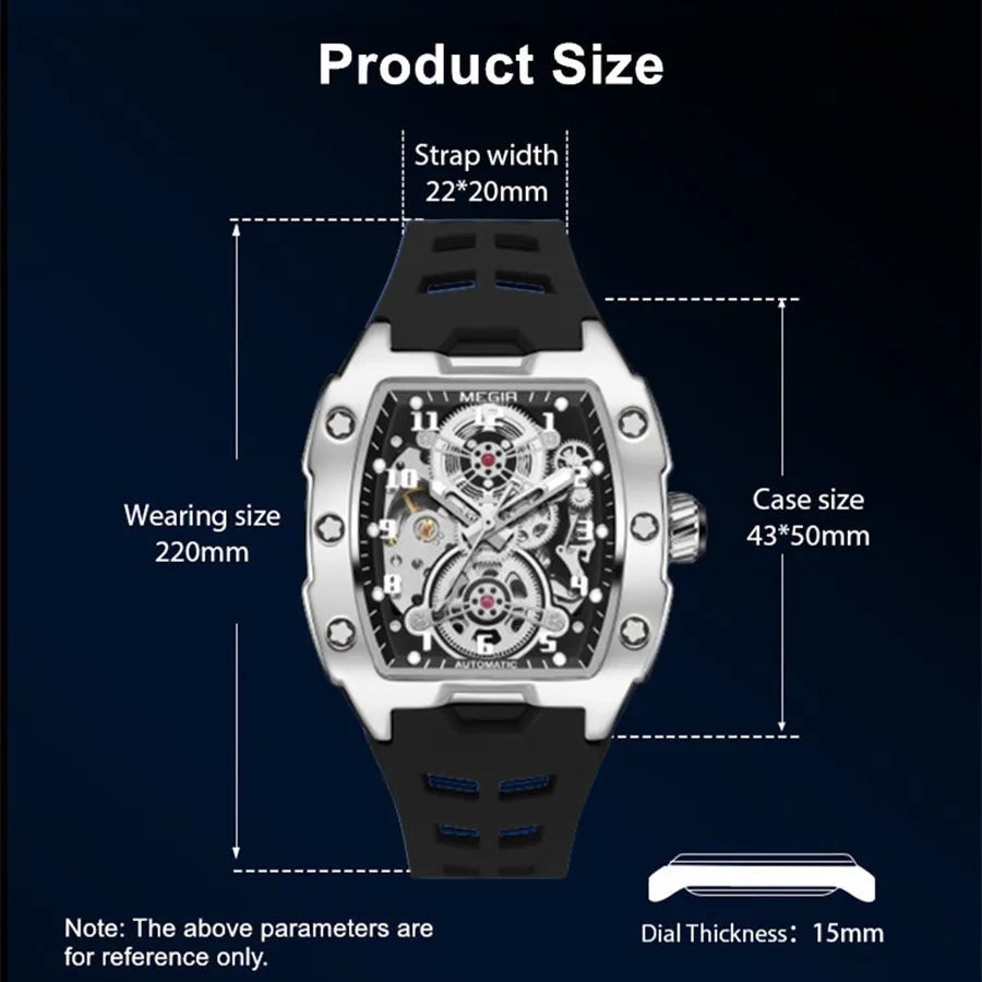 Megir 8602 Men Fashion Mechanical Movement Watches Skeleton Tonneau Case Wristwatch Waterproof Automatic Watch Montres De Luxe