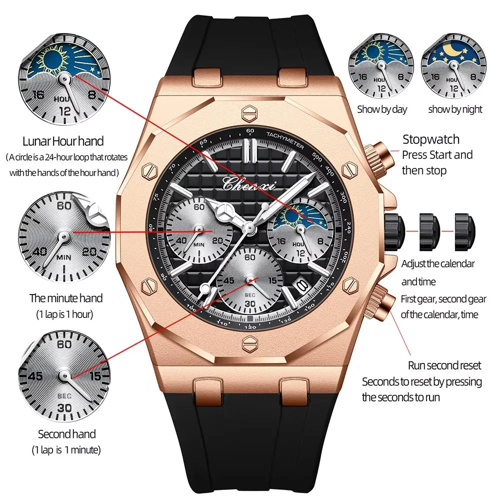CHENXI Watch for Men 968 Classic Silicone Quartz Watches Moon Phase Chronograph Wristwatches Bracelet Relojes Hombre Montres