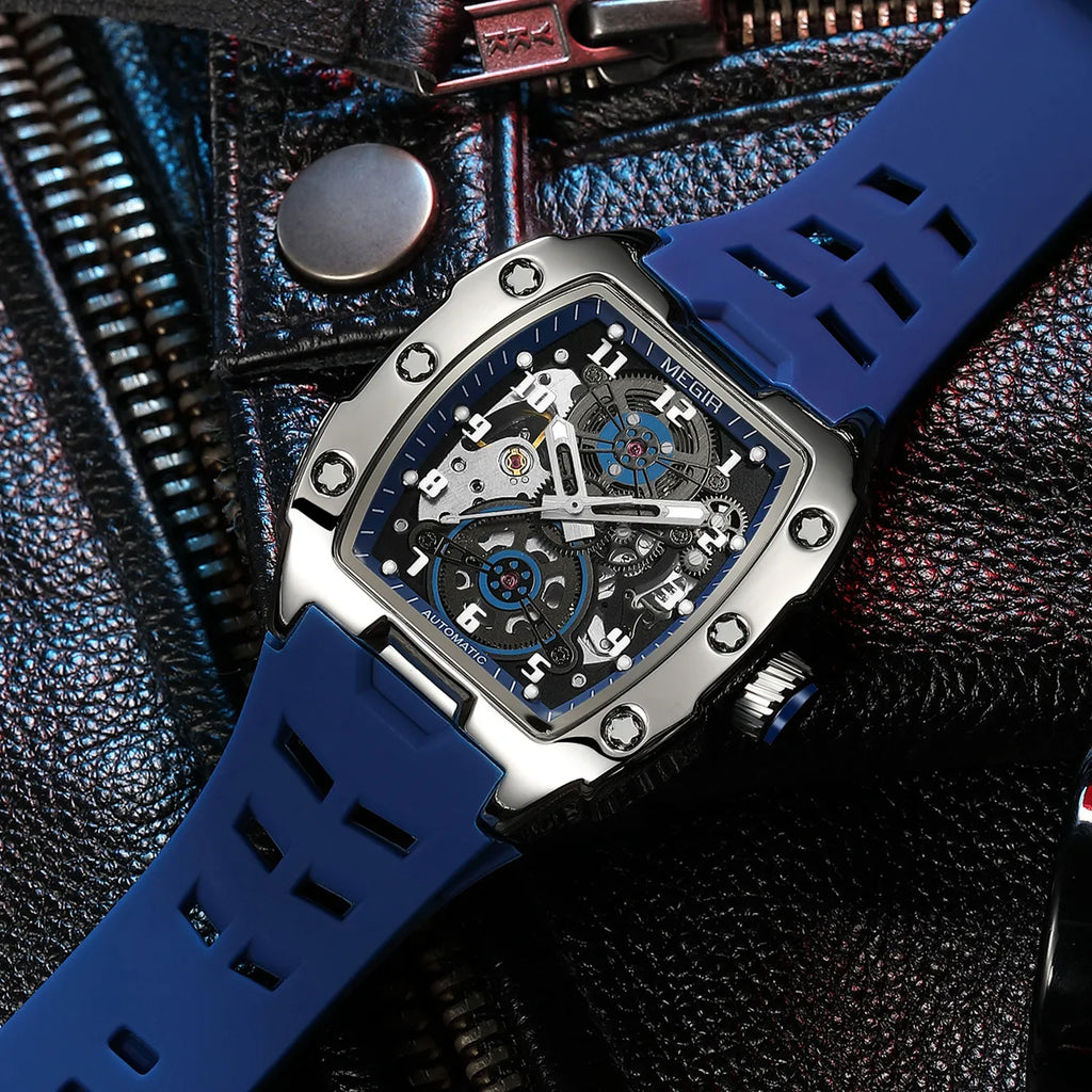 Megir 8602 Men Fashion Mechanical Movement Watches Skeleton Tonneau Case Wristwatch Waterproof Automatic Watch Montres De Luxe