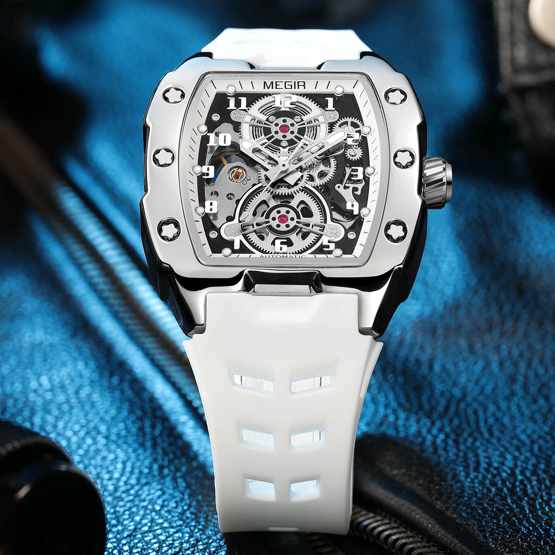 Megir 8602 Men Fashion Mechanical Movement Watches Skeleton Tonneau Case Wristwatch Waterproof Automatic Watch Montres De Luxe