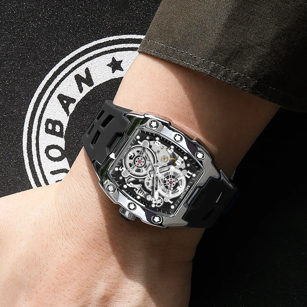 Megir 8602 Men Fashion Mechanical Movement Watches Skeleton Tonneau Case Wristwatch Waterproof Automatic Watch Montres De Luxe