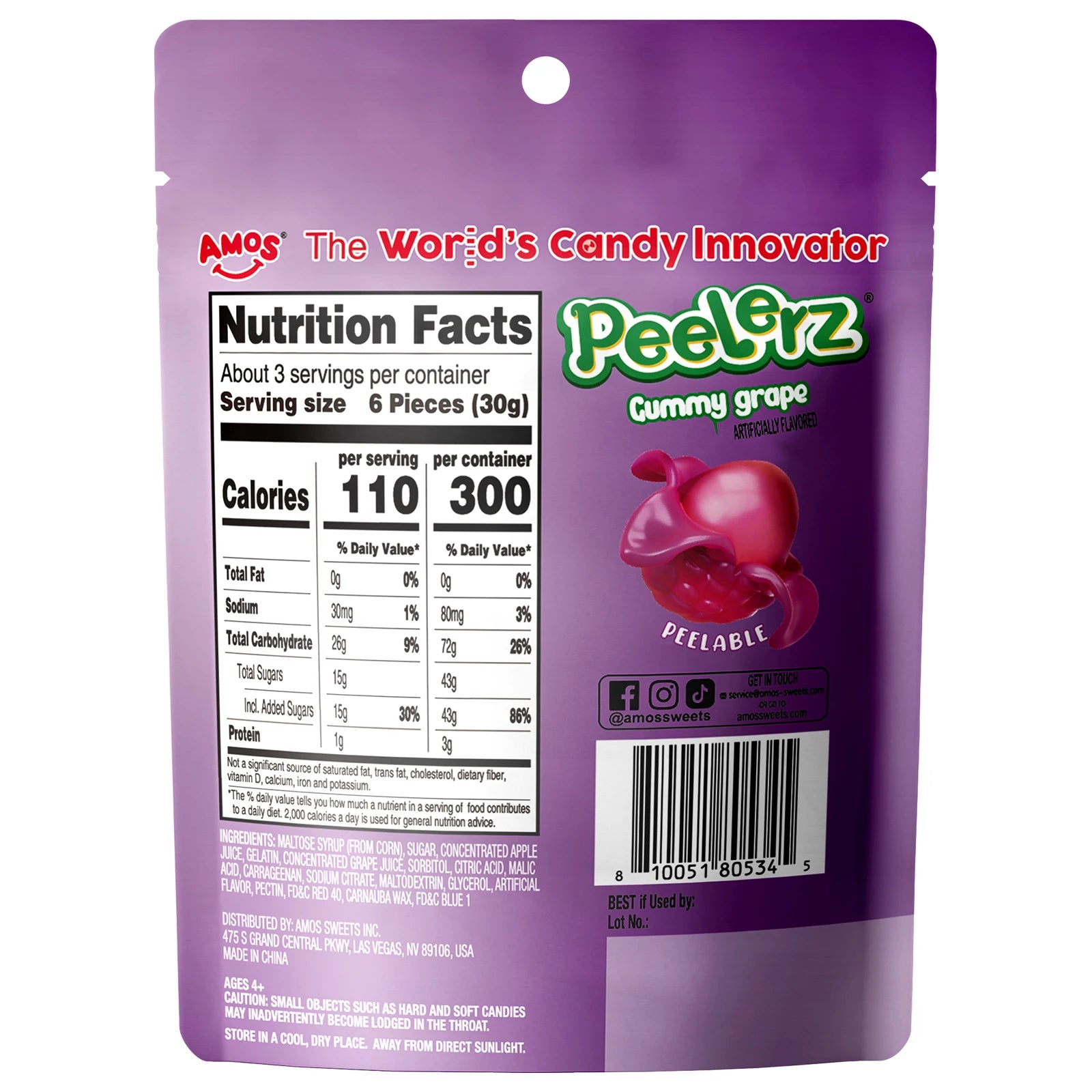 Amos Peelerz Candy Sweets 3oz Soft Candy Peelable Gummies Jelly Fruit Peeling Grape Gummy Candy
