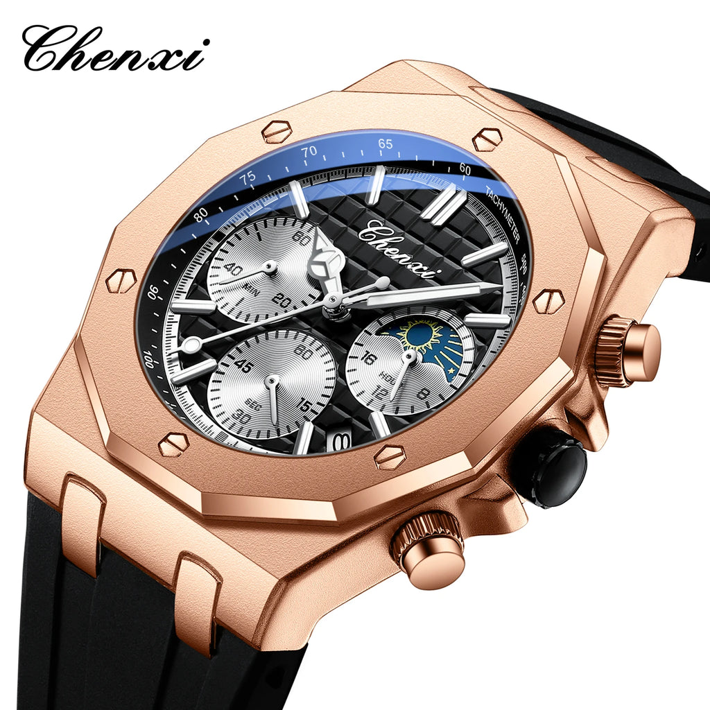 CHENXI Watch for Men 968 Classic Silicone Quartz Watches Moon Phase Chronograph Wristwatches Bracelet Relojes Hombre Montres