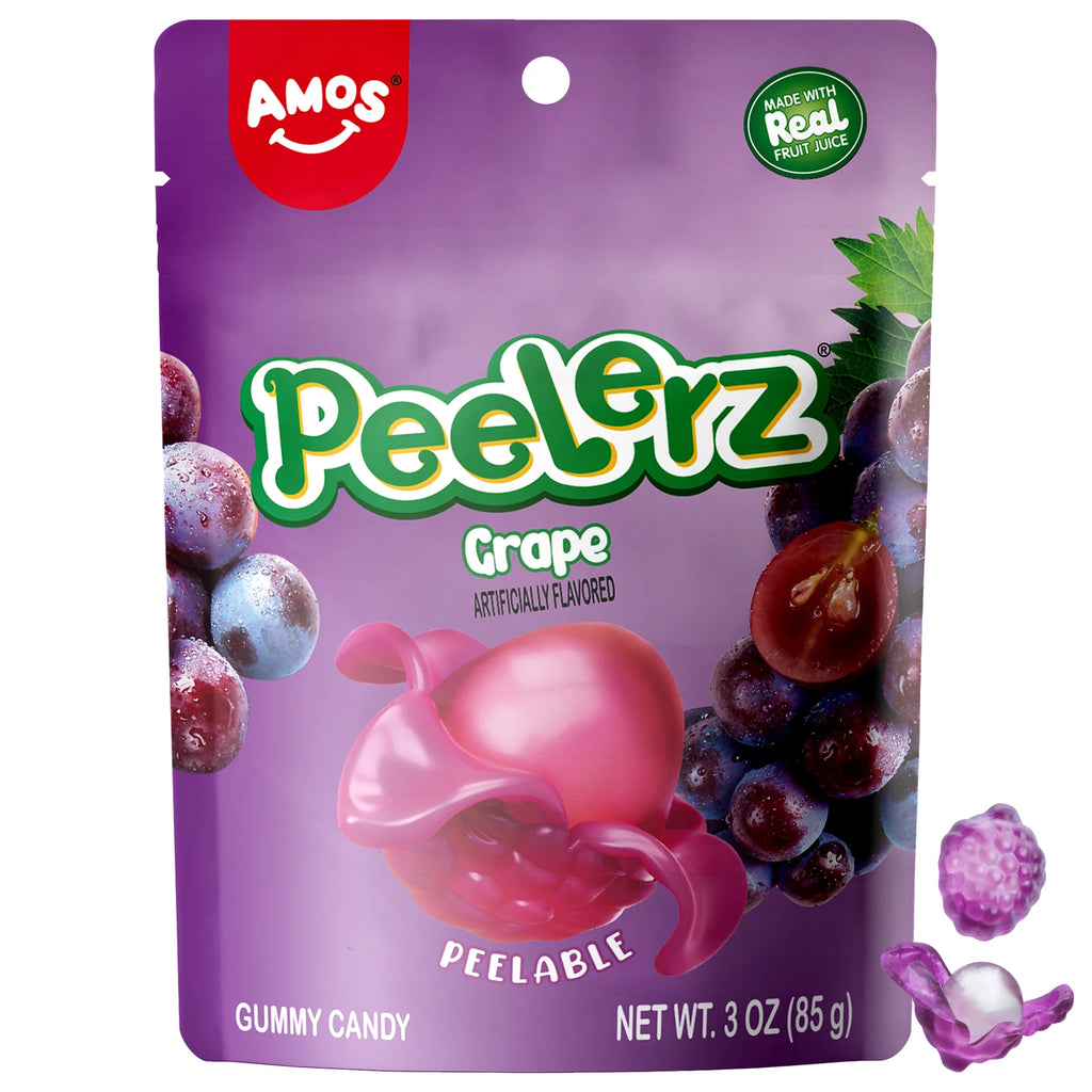 Amos Peelerz Candy Sweets 3oz Soft Candy Peelable Gummies Jelly Fruit Peeling Grape Gummy Candy
